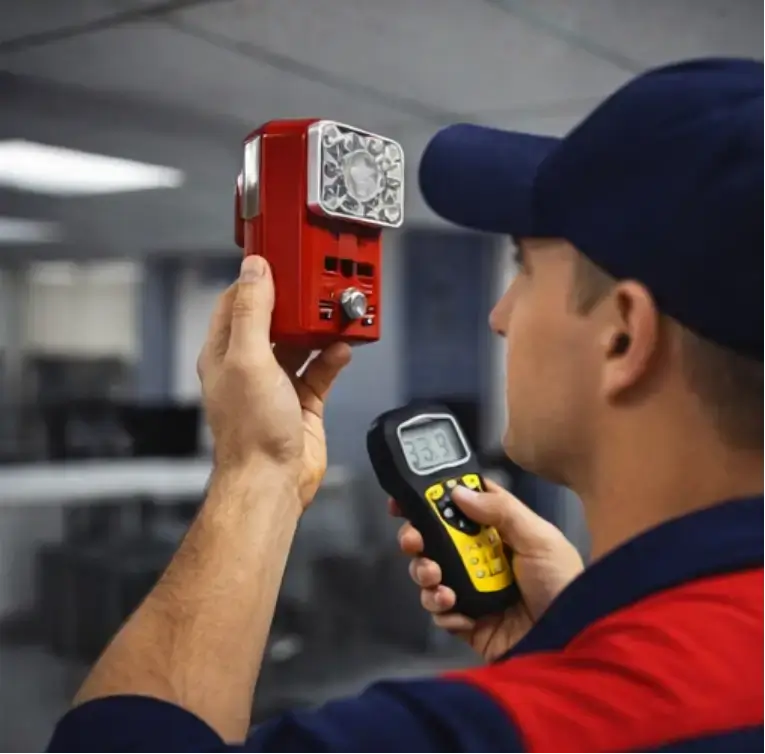 Man performing a fire alarm testing. compliance fire alarm alarm system fire alarm systems compliance smoke alarm fire alarm panels compliance alarm system smoke alarm nfpa 72 fire alarm fire alarm panels fire alarm system smoke alarm fire alarm fire alarms fire alarm fire alarm system fire alarm best practices compliance fire alarm fire alarm checklist smoke alarms fire alarms alarm system smoke detectors battery inspection