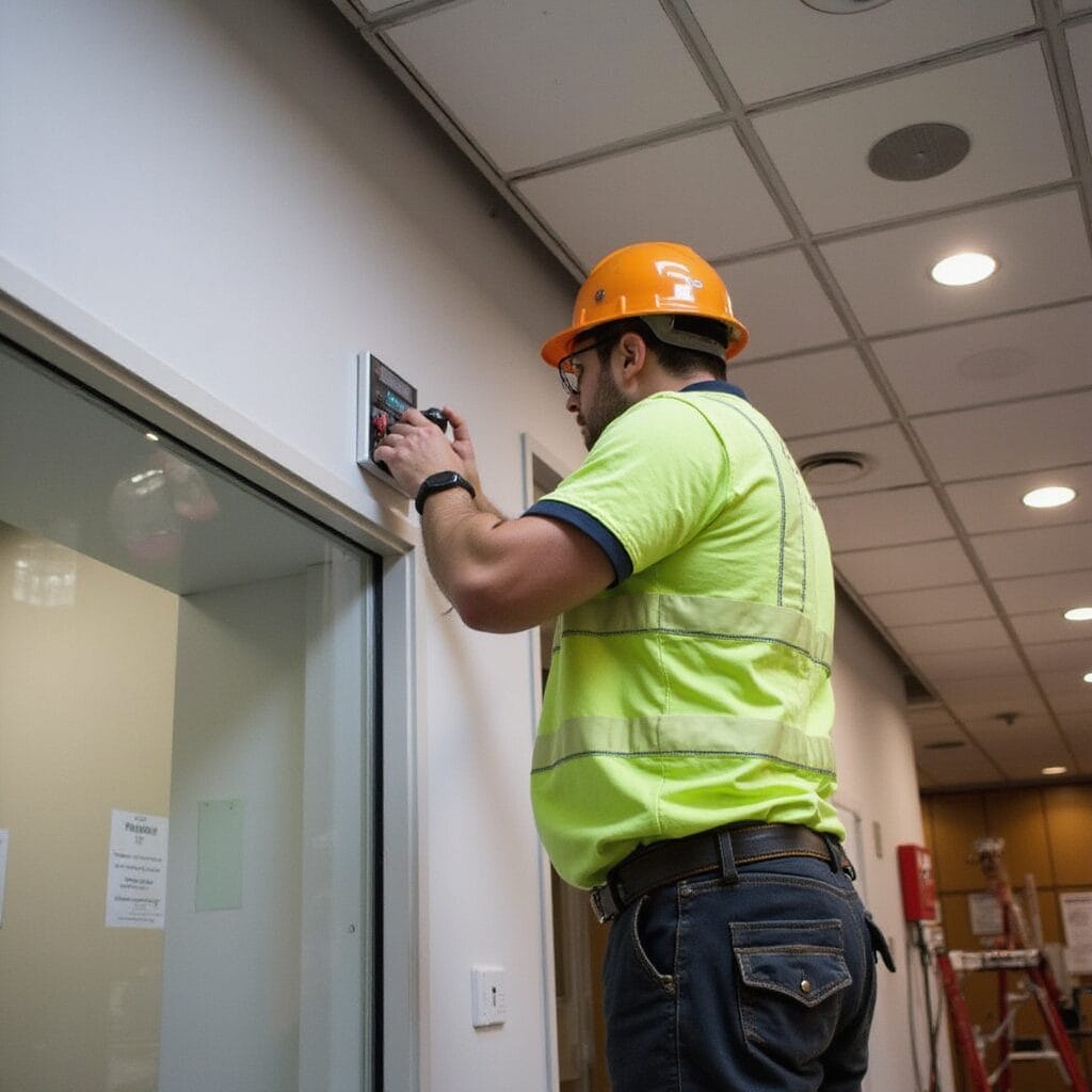 "Fire technician in hard hat and safety vest upgrading a ceiling-mounted fire alarm control panel in a commercial building" retrofit fire alarm system retrofit fire alarm system retrofitting facp detectors nfpa 72 retrofitting fire alarm panels retrofitting retrofitting wireless fire alarms fire alarm smoke detectors retrofit fire code detectors retrofitting fire alarm panels detectors fire alarm fire alarm control panel nfpa 72 fire alarm fire alarm fire alarm systems detectors nfpa 72 detectors fire alarm fire alarm control panels fire alarm system fire alarm fire alarms