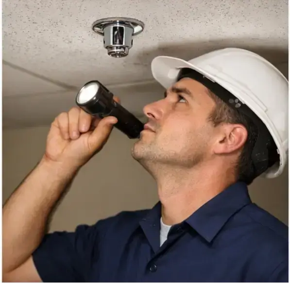 Technician performing fire sprinkler system flow test by opening inspector’s test valve with water discharging in a commercial building.