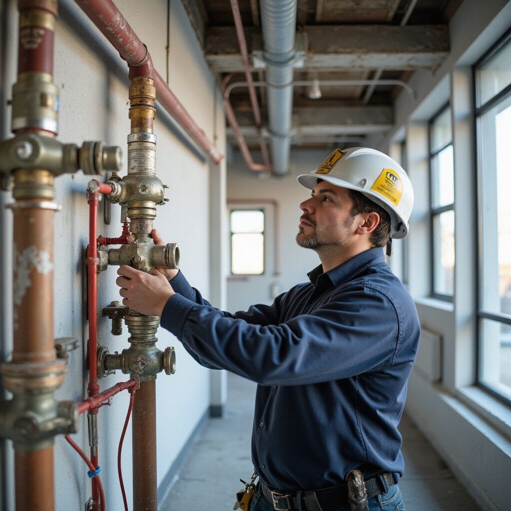 Technician wearing protective gear inspecting a commercial building’s fire sprinkler system during its annual fire protection certification.