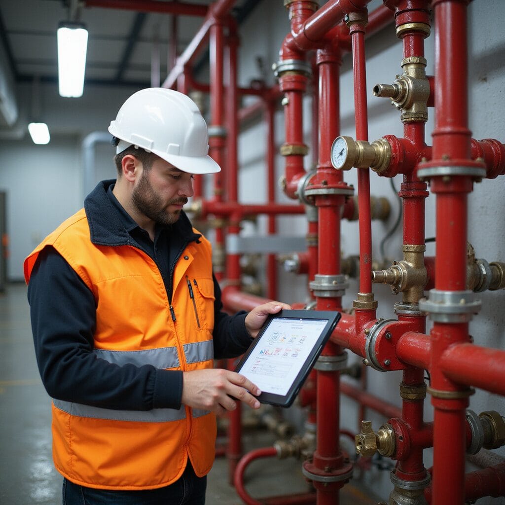 A fire protection technician in a white hard hat and high-visibility vest reviews data on a tablet while inspecting red-painted pipes, valves, pressure gauges, and sprinkler components in a clean, well-lit mechanical room. sprinkler sprinkler heads water pressure valve fire sprinkler fire sprinkler sprinkler system sprinkler design variations automatic sprinkler design gallons per minute sprinkler system automatic sprinkler design radius calculator garden sprinkler design valve pipes sprinkler system water pressure automatic sprinkler design fire sprinkler system sprinkler system sprinkler system sprinkler valve sprinklers sprinkler system automatic sprinkler design design sprinkler system sprinkler pipes sprinkler radius automatic sprinkler design sprinkler irrigation radius valve sprinkler heads irrigation system sprinkler sprinkler sprinkler automatic sprinkler design valves valves automatic sprinkler design drip irrigation systems sprinkler irrigation radius radius sprinkler garden sprinkler design garden sprinkler design sprinklers sprinkler automatic sprinkler design sprinkler system sprinkler system sprinkler sprinkler sprinkler system design sprinkler system manifold fire sprinkler system automatic sprinkler design fire sprinkler system sprinkler fire sprinkler sprinkler system pipe sprinkler system automatic sprinkler design piping cad irrigation systems sprinkler pipe pvc pipe valve piping sprinkler system valves sprinkler system automatic sprinkler design automatic sprinkler design diameter pipe timer sprinklers valves sprinkler radius garden sprinkler design pipe design sprinkler system pipe sprinkler system fire sprinkler design sprinkler system irrigation systems water pressure automatic sprinkler design irrigation system valve automatic sprinkler design sprinkler heads irrigation systems sprinkler design sprinkler system design sprinkler system design sprinkler system design sprinkler system design sprinkler system automatic sprinkler design lawn sprinklers automatic sprinkler design fire sprinkler