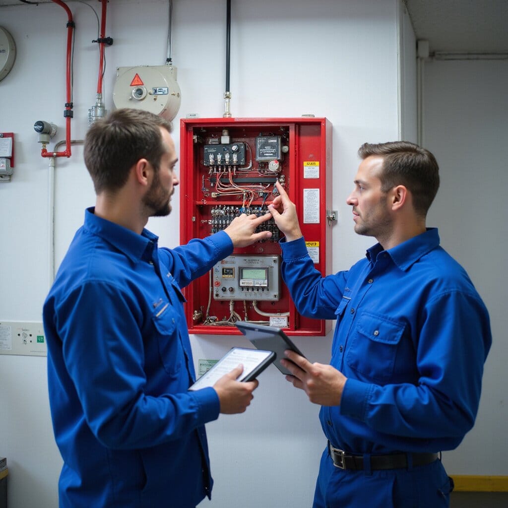 Two professional fire safety technicians in clean blue uniforms inspect an open red fire alarm control panel—one pointing at exposed wiring and circuits while the other holds a digital tablet—surrounded by wall-mounted smoke detectors and safety equipment in a brightly lit modern industrial setting. fire alarm system fire alarm keypad fire alarm fire alarm fire alarm systems fire alarm smoke alarms fire alarm dispatch fire detection system