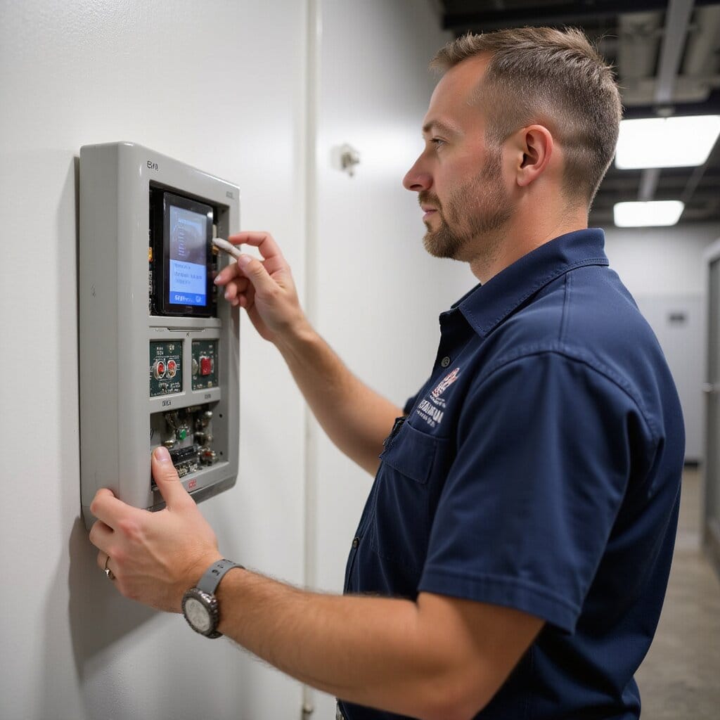 Fire alarm technician inspecting and repairing a wall-mounted fire alarm control panel" smoke detector smoke detectors wiring maintenance and repairs maintenance and repairs fire alarm smoke detector fire alarms fire alarm panels alarm system fire alarm fire alarms alarm system smoke detector technician fire alarm fire alarm fire alarm panels fire alarms smoke detector wiring smoke detector smoke detectors technician routine maintenance smoke detector smoke detectors fire alarm system smoke detector repair and maintenance fire alarm system smoke detectors wiring alarm system