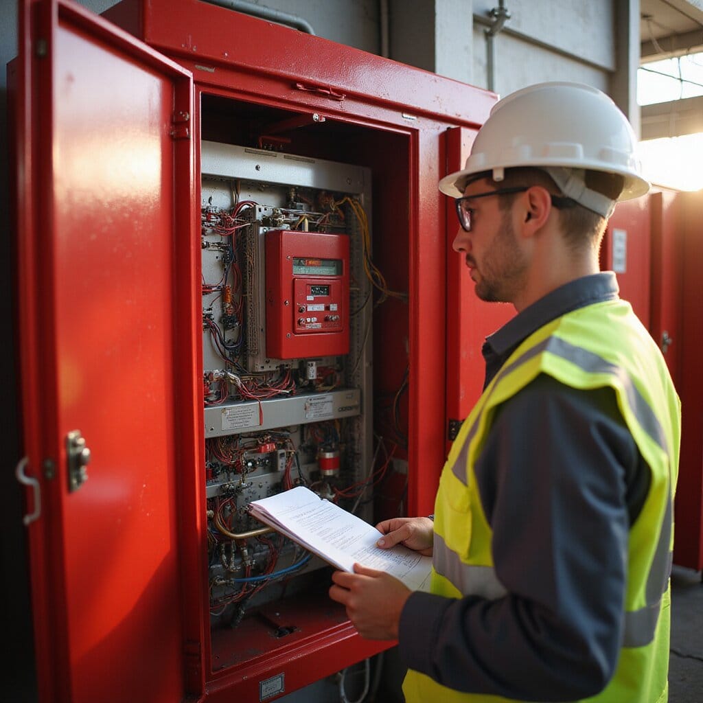 Fire alarm technician in a white hard hat and safety uniform holds a clipboard while inspecting and adjusting a red metal control panel filled with intricate wiring inside a modern commercial building, warm sunlight highlighting the detailed electronics. cad fire suppression fire alarm systems cad fire alarm systems cad fire alarm system fire alarm system autocad fire alarm system building code cad wiring heat detectors building codes fire alarm system battery backup cad designing fire alarm systems building code autocad autocad smoke detection wiring autocad fire alarm systems carbon monoxide alarms fire alarm system fire suppression wiring smoke detectors wiring fire alarm systems nfpa 72 fire protection engineering risk assessment smoke detectors fire extinguishers