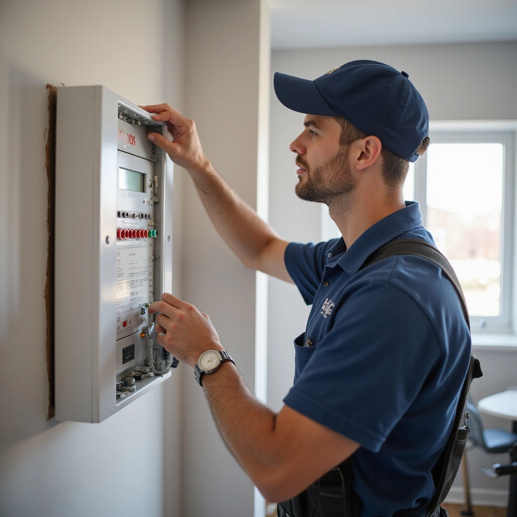 "Skilled technician replacing a fire alarm panel on a wall to ensure building safety" smoke detectors smoke detectors fire alarm control panels relay fire alarm control panel keypad smoke detector facp sirens smoke detectors facp fire alarm panel facp fire alarm system annunciator fire alarm panel keypad fire alarm panels fire alarm panels fire alarm control panels