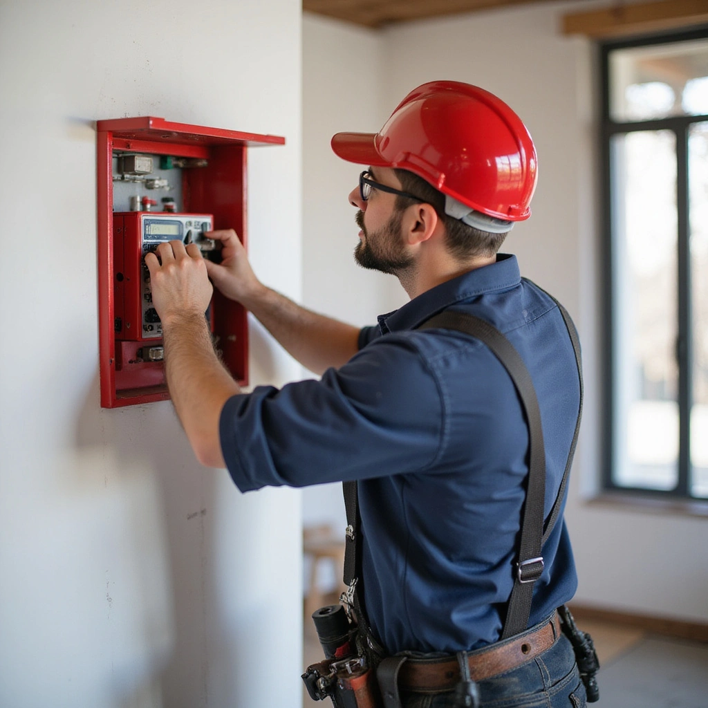 Skilled technician replacing a fire alarm panel on a wall to ensure building safety. fire alarm control panel facp keypad fire alarm panels fire alarm panel photoelectric smoke detector keypad power supply sirens keypad fire alarm panels keypad fire alarm control panel fire alarm panels smoke detector fire alarm control panel smoke detector fire alarm system