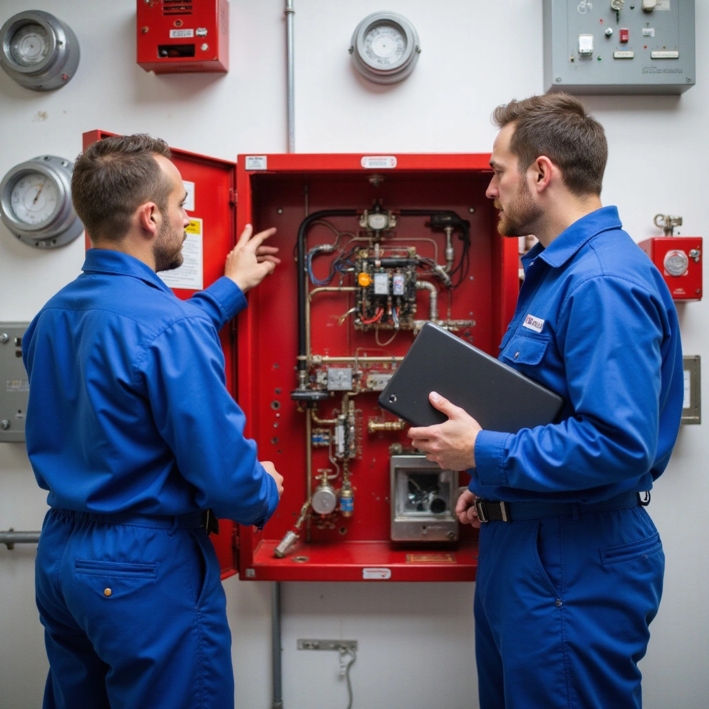 "Two professional fire safety technicians in blue uniforms inspect an open red fire alarm control panel—one points at exposed wiring and circuits while the other holds a digital tablet—amid wall-mounted smoke detectors and safety equipment in a brightly lit industrial setting." fire alarm system smoke detectors fire department ul sensors regulations nfpa 72 ul sensors ul fire alarm