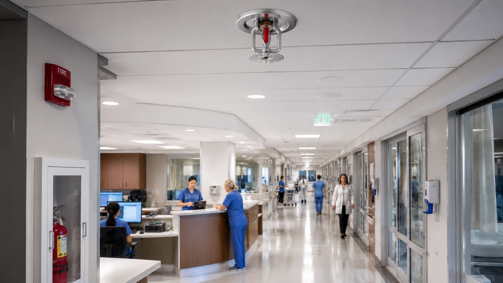 Wide angle healthcare facility interior featuring exposed commercial fire sprinkler piping, nurse station, patient rooms, emergency exit signage, and modern hospital life safety systems.