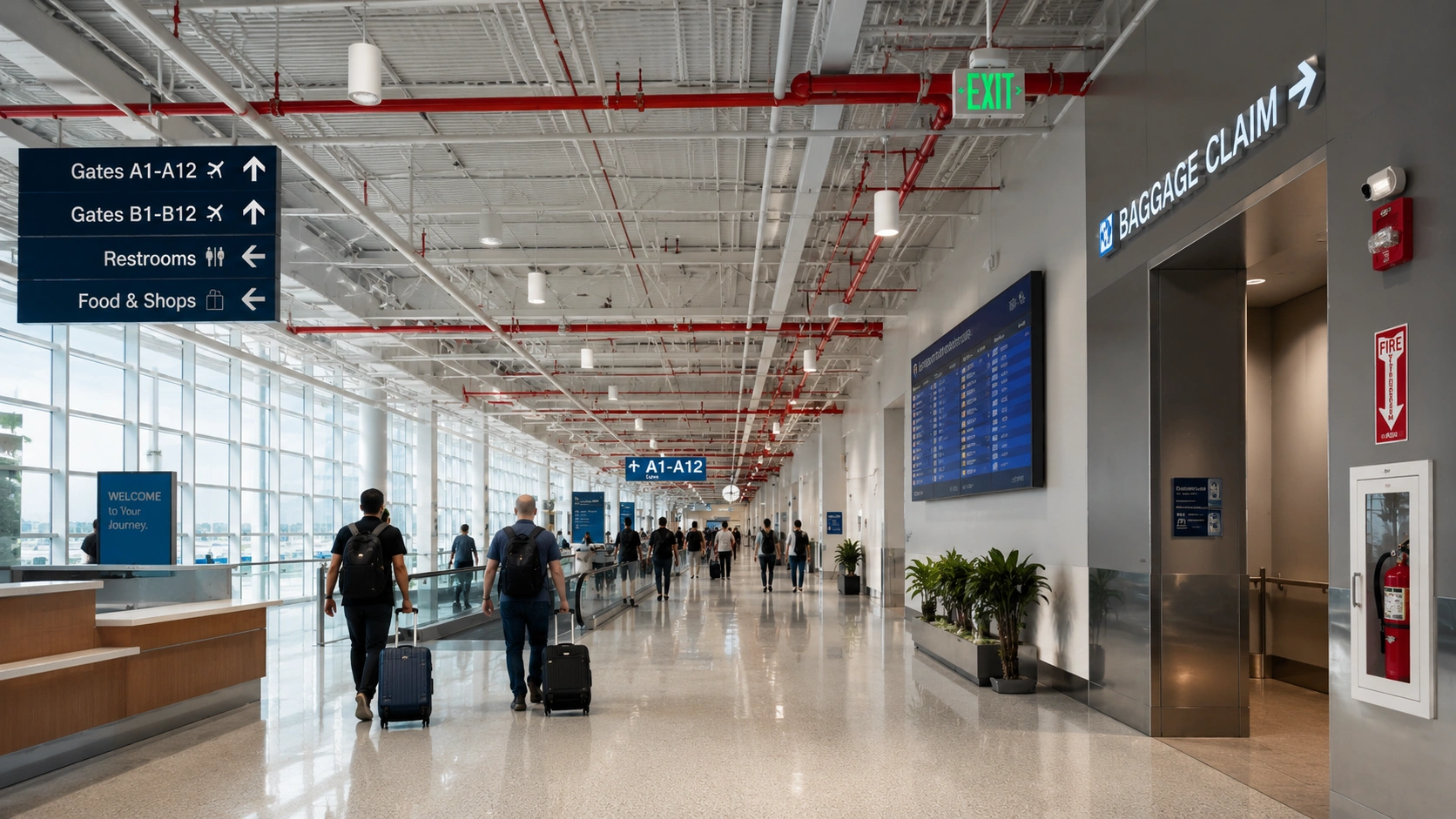 Wide commercial airport terminal interior featuring exposed fire sprinkler piping, illuminated exit signs, fire alarm devices, passenger walkways, baggage claim area, and modern life safety systems in a professional transportation facility environment.