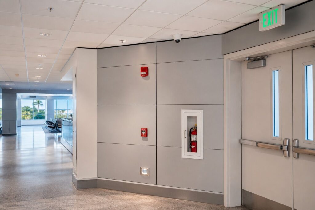 Airport life safety systems with exit signs, fire alarms, and fire extinguishers in Florida