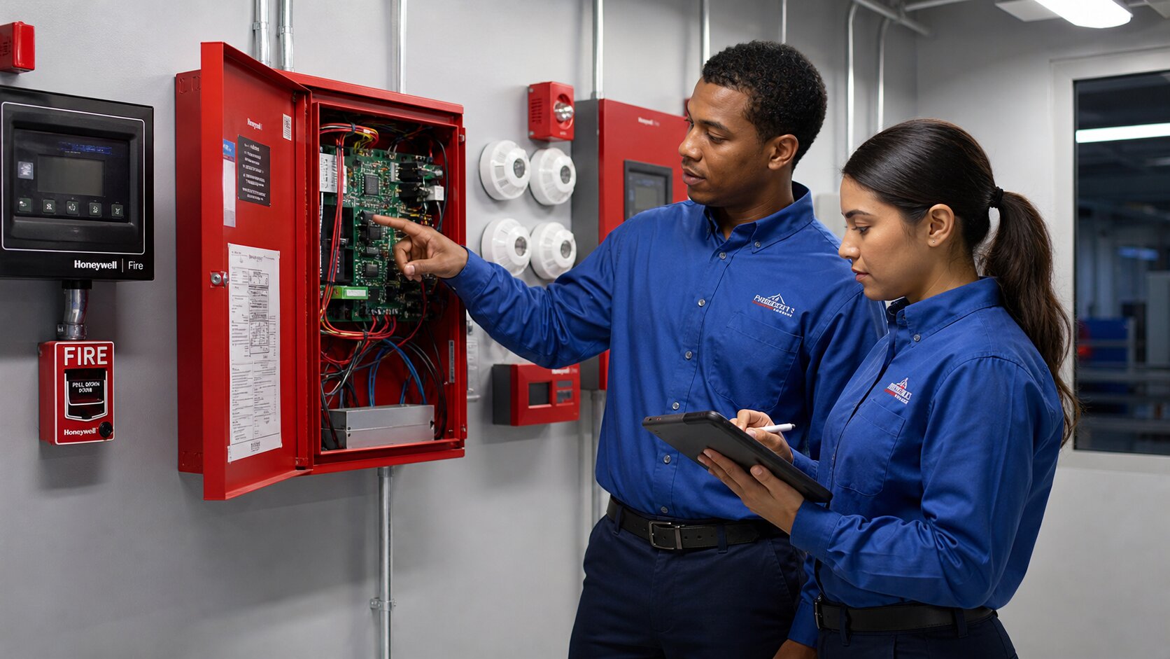 Two uniformed fire alarm technicians in blue work shirts stand beside an open red fire alarm control panel in a clean, modern control room; one points at the wiring while the other takes notes on a tablet. fire alarm fire alarm ul fire alarm fire alarm sensors fire alarm alarm system fire alarm systems sensors