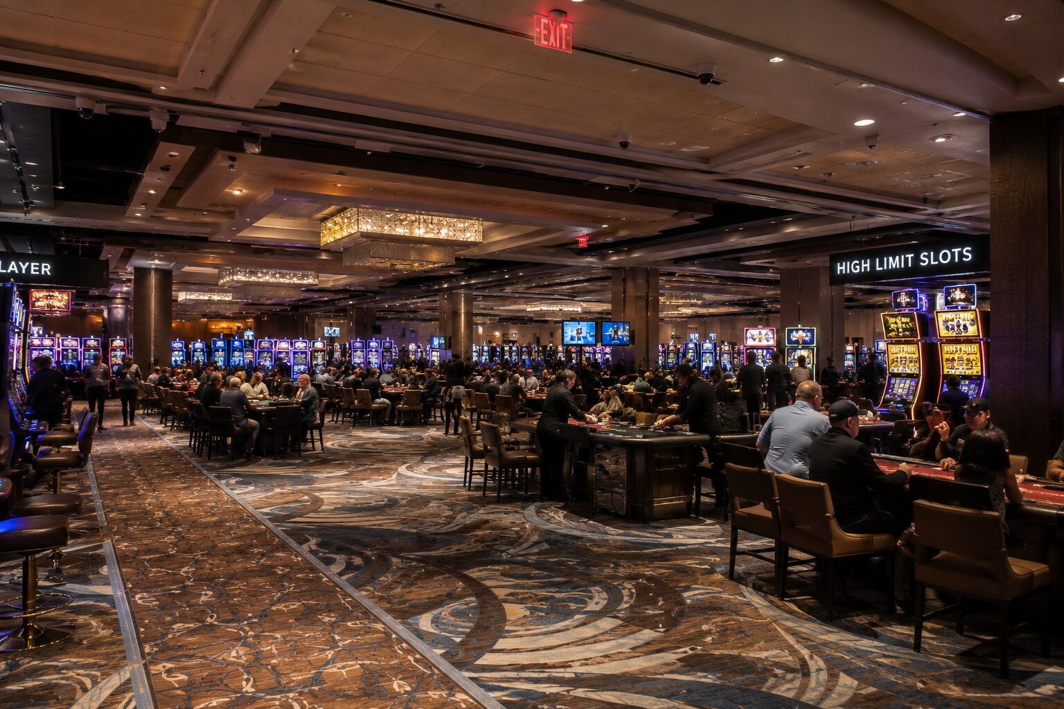 Wide commercial casino floor featuring gaming tables, slot machines, illuminated exit signs, ceiling mounted fire sprinkler systems, life safety infrastructure, and upscale entertainment environment with realistic architectural lighting.