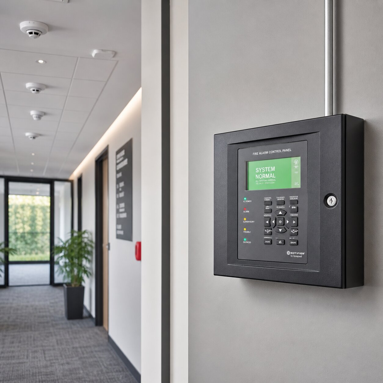 A modern fire alarm system control panel connected to ceiling-mounted smoke detectors in a commercial building interior. carbon monoxide detectors alarm systems sensors sensors fire alarm fire alarm system heat detectors fire alarm systems sensors fire alarm systems sensors fire alarm systems smoke detectors sensors sensors facps battery backup power supply sensors fire alarm sensors