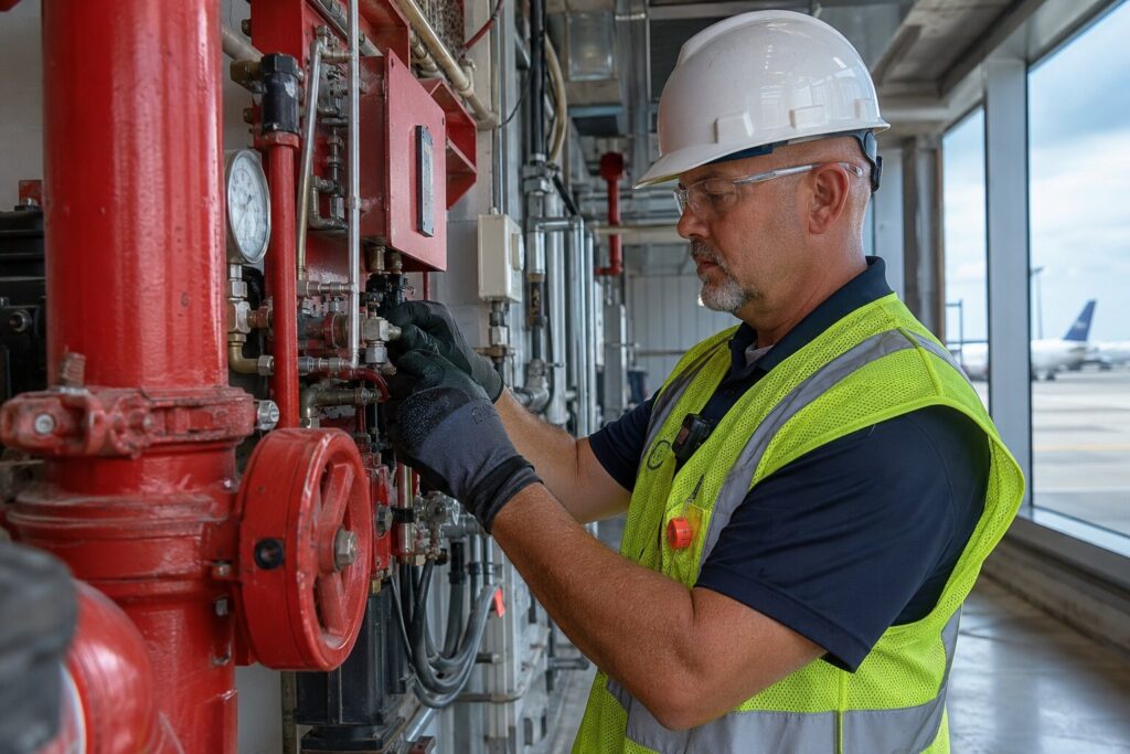Fire protection technician inspecting an airport sprinkler system in Florida