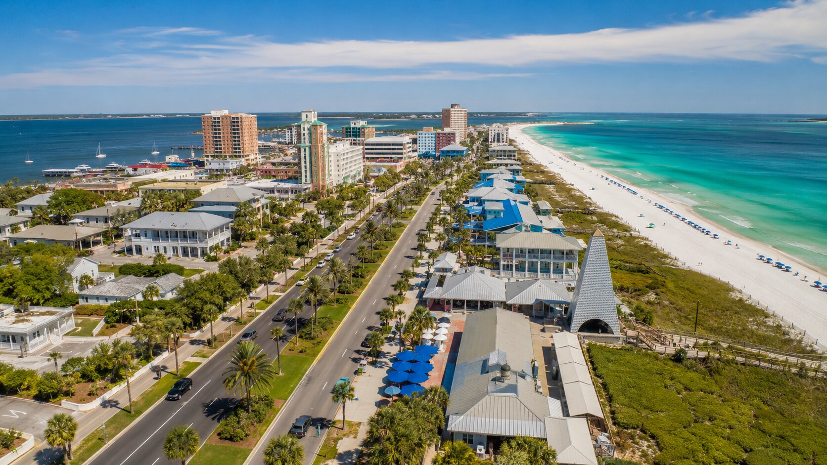Wide coastal cityscape view of the Florida Panhandle